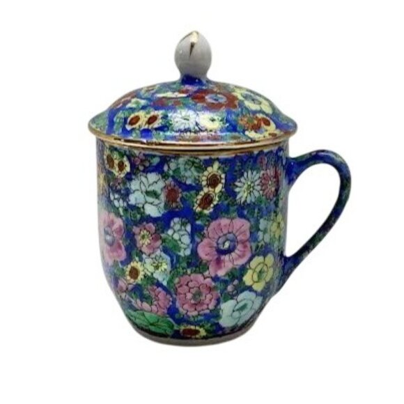 Vintage Chinese Floral Cloisonné Mug With Lid - Picture 2 of 7